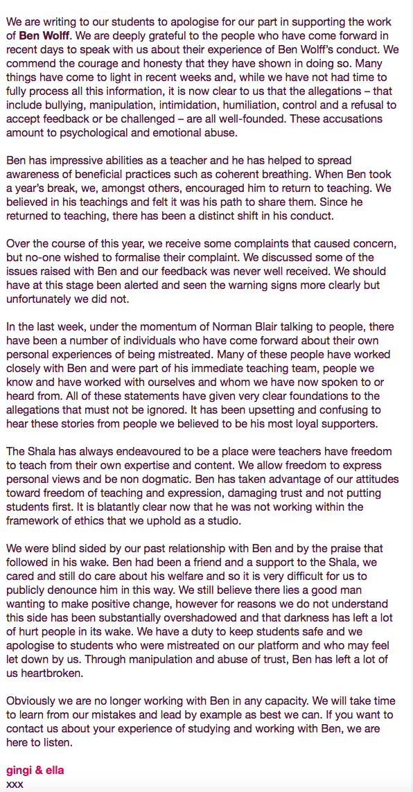 Statement from The Shala